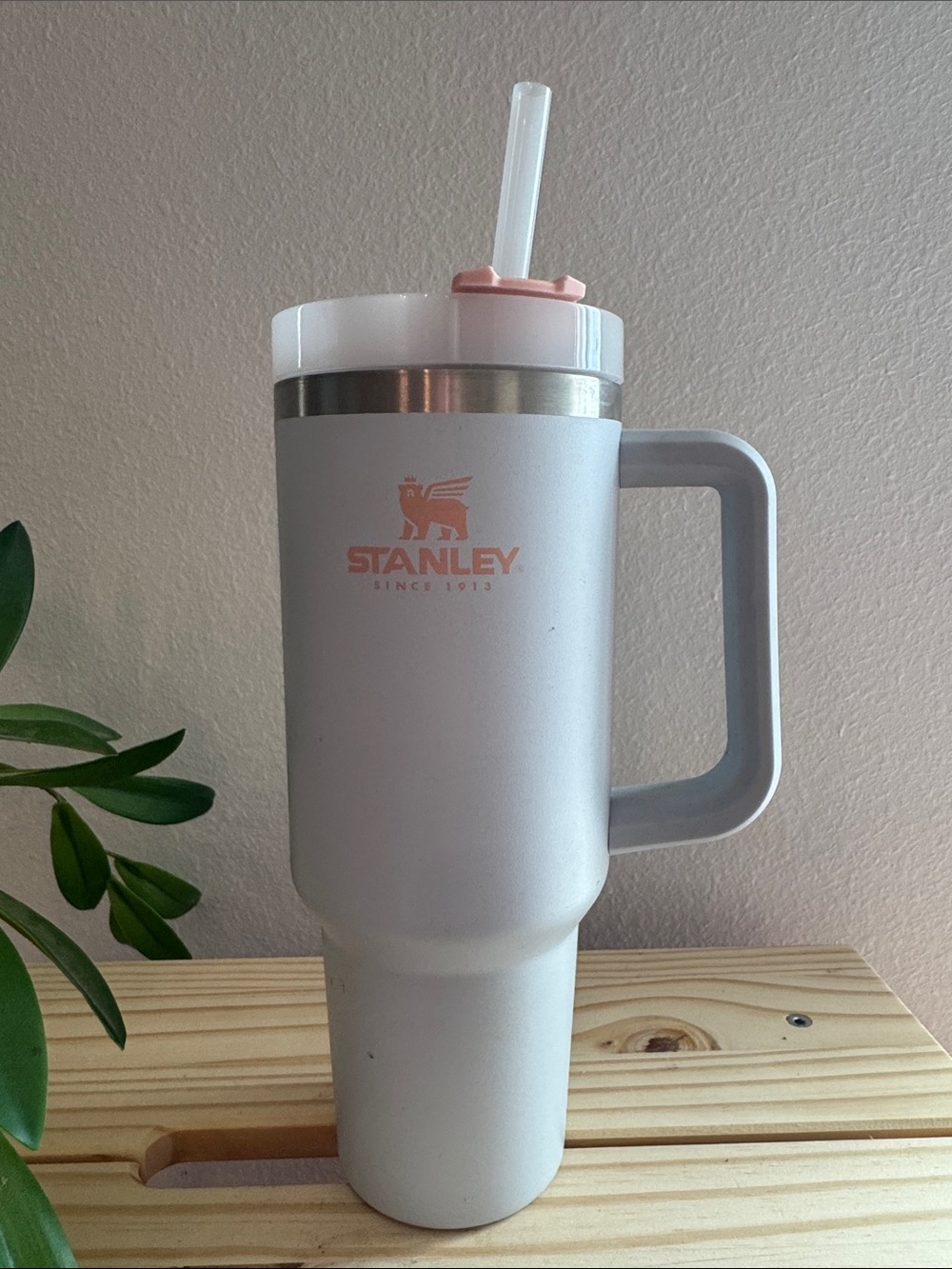 Stanley Gray Tumbler with tan logo and Lid Accents